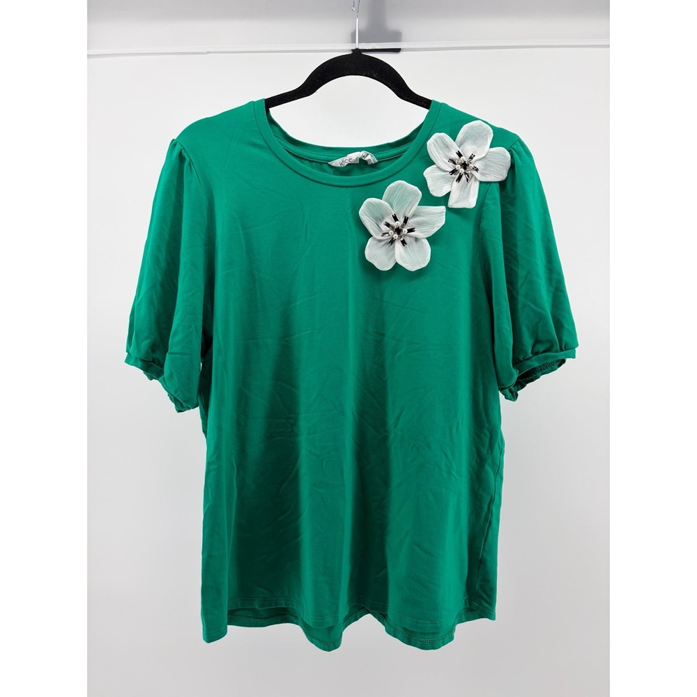 Kiss & Fly Blouse W/Puff Sleeve, Green, 3D Flowers On Shirt, Women's Size Large